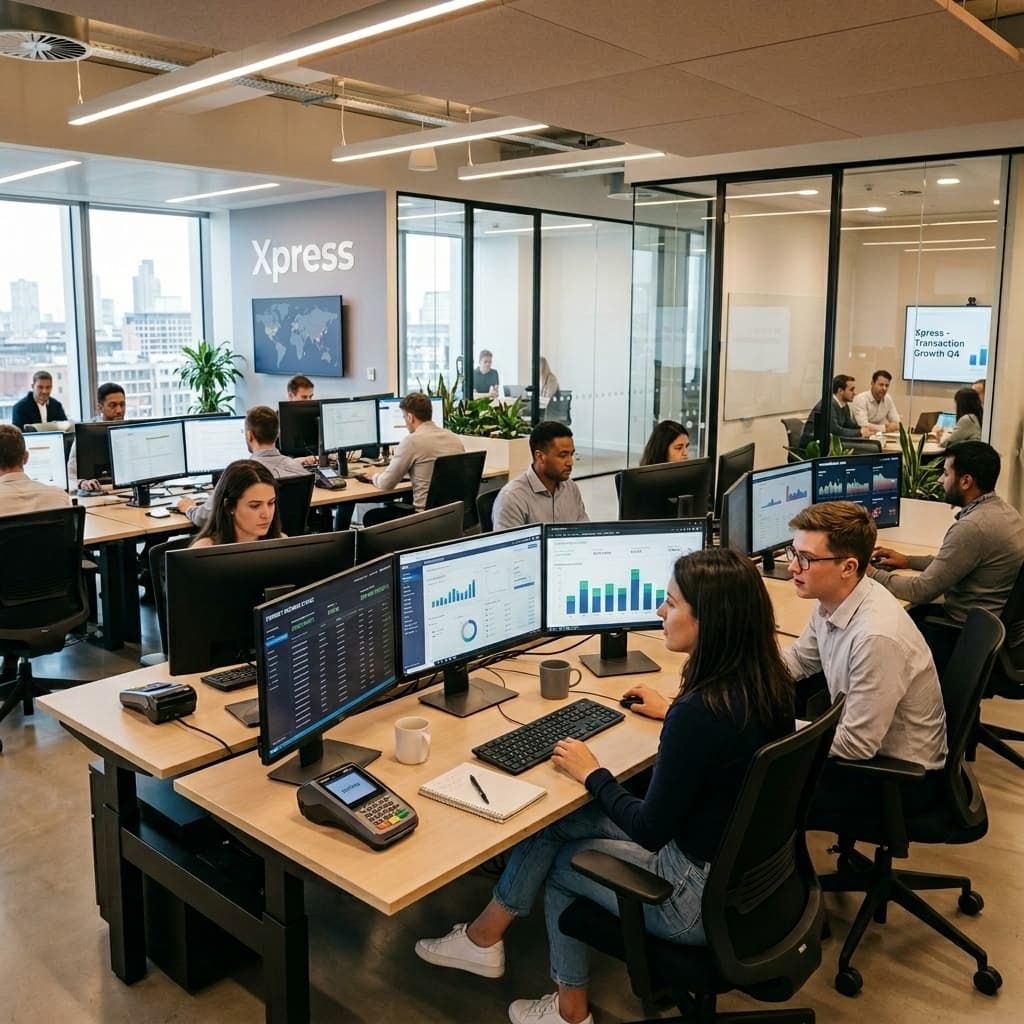 Xpress Payment Systems headquarters with team working on payment dashboards