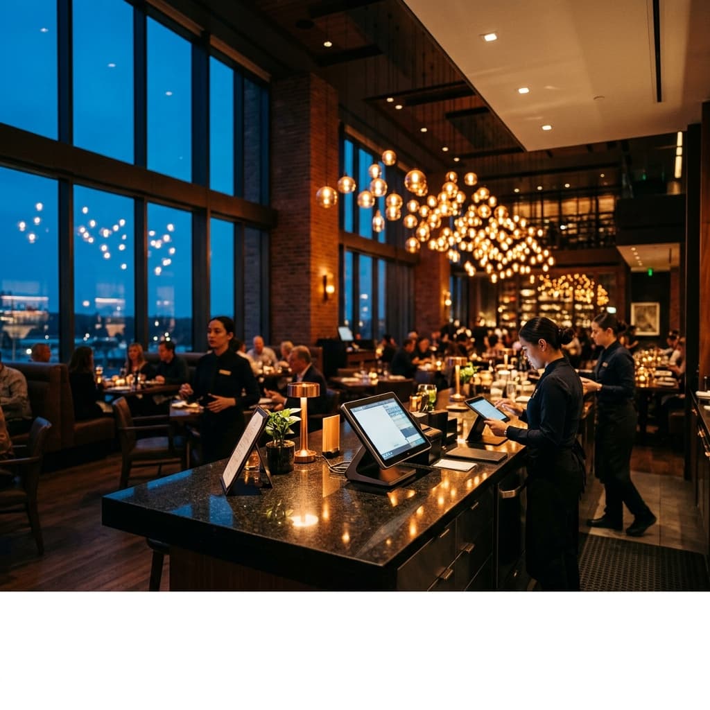 Modern upscale restaurant interior with sleek POS terminals on a polished counter and warm ambient lighting.