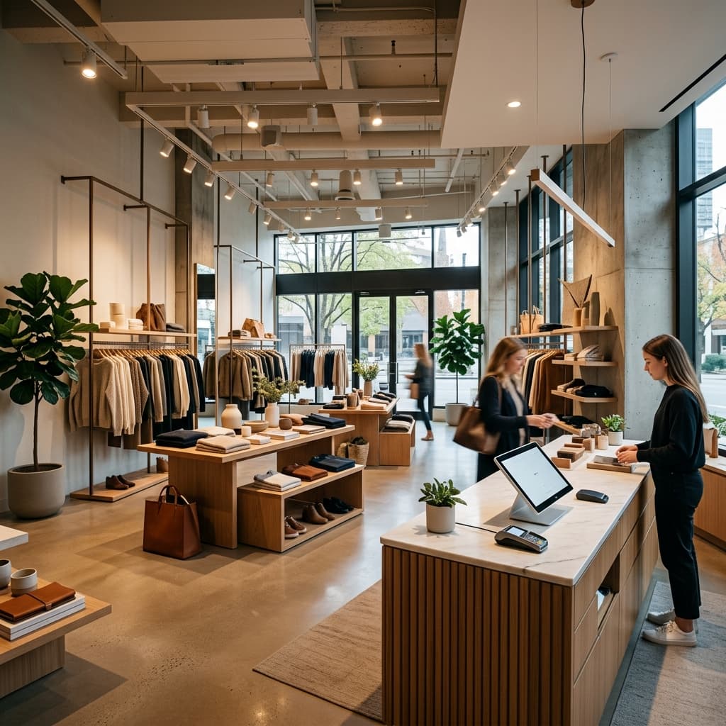 Contemporary retail store with a digital POS terminal at the checkout counter and beautifully lit product displays.