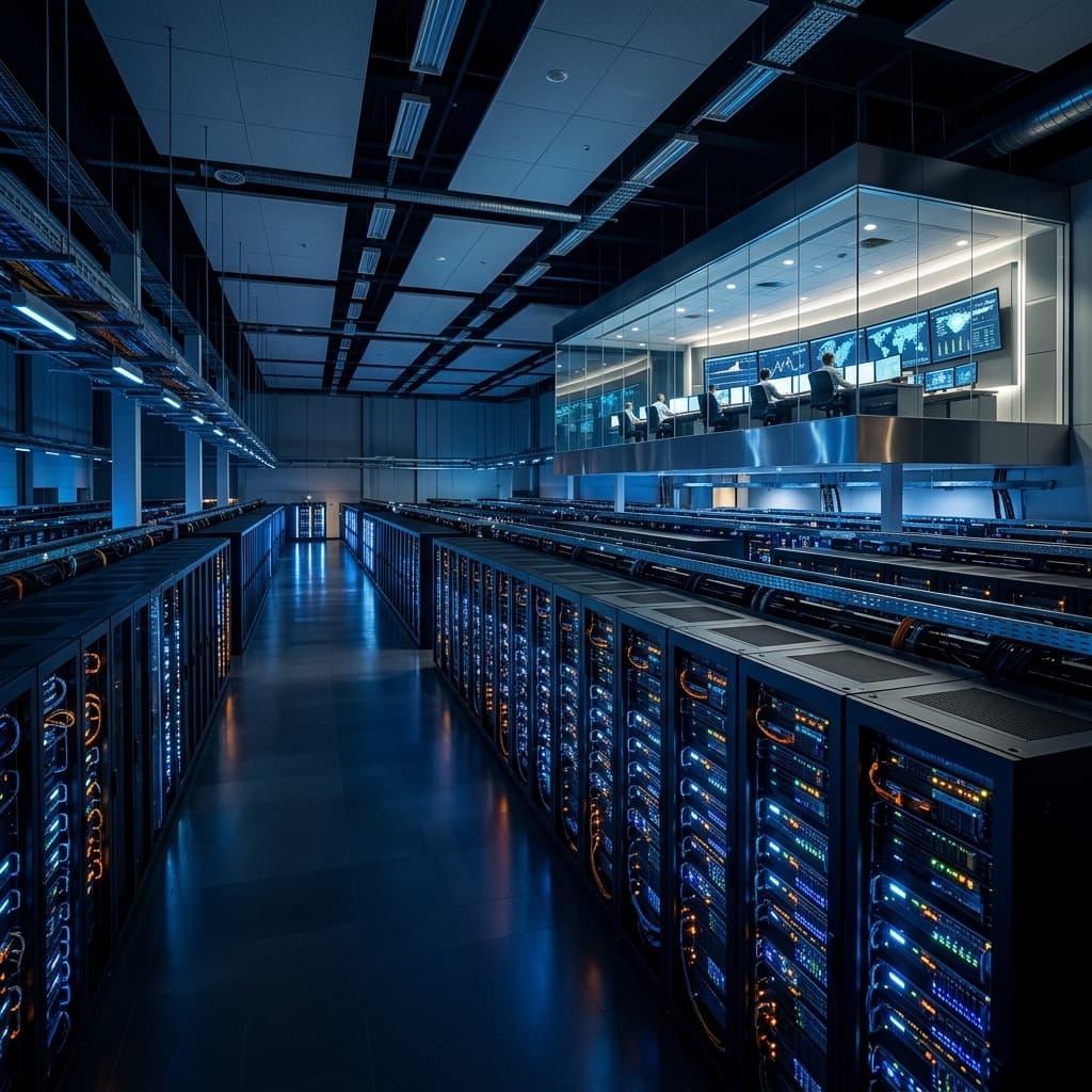 Modern payment processing data center with illuminated server racks and a glass-walled control room.