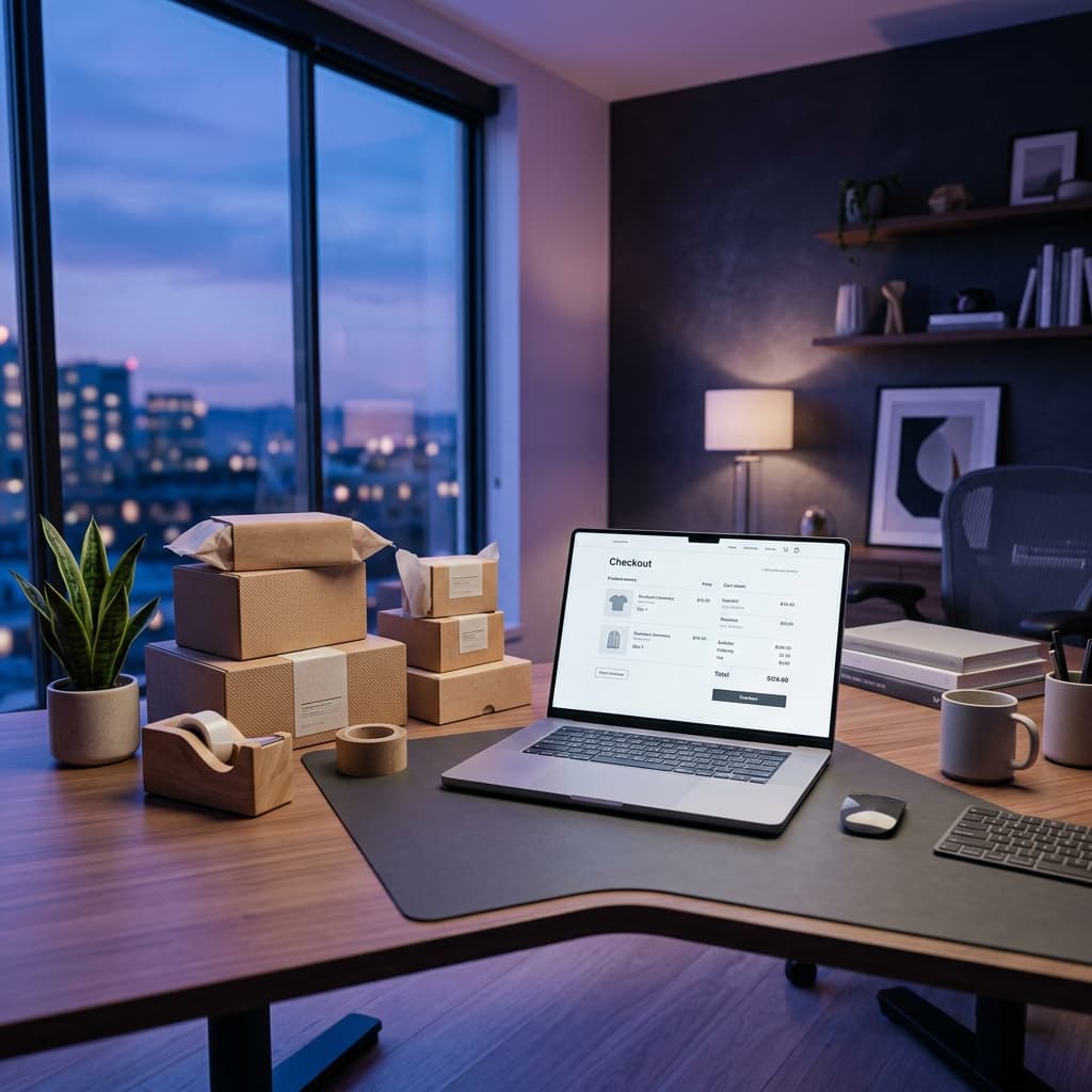 E-commerce workspace with a laptop showing an online checkout page alongside artfully arranged packages.