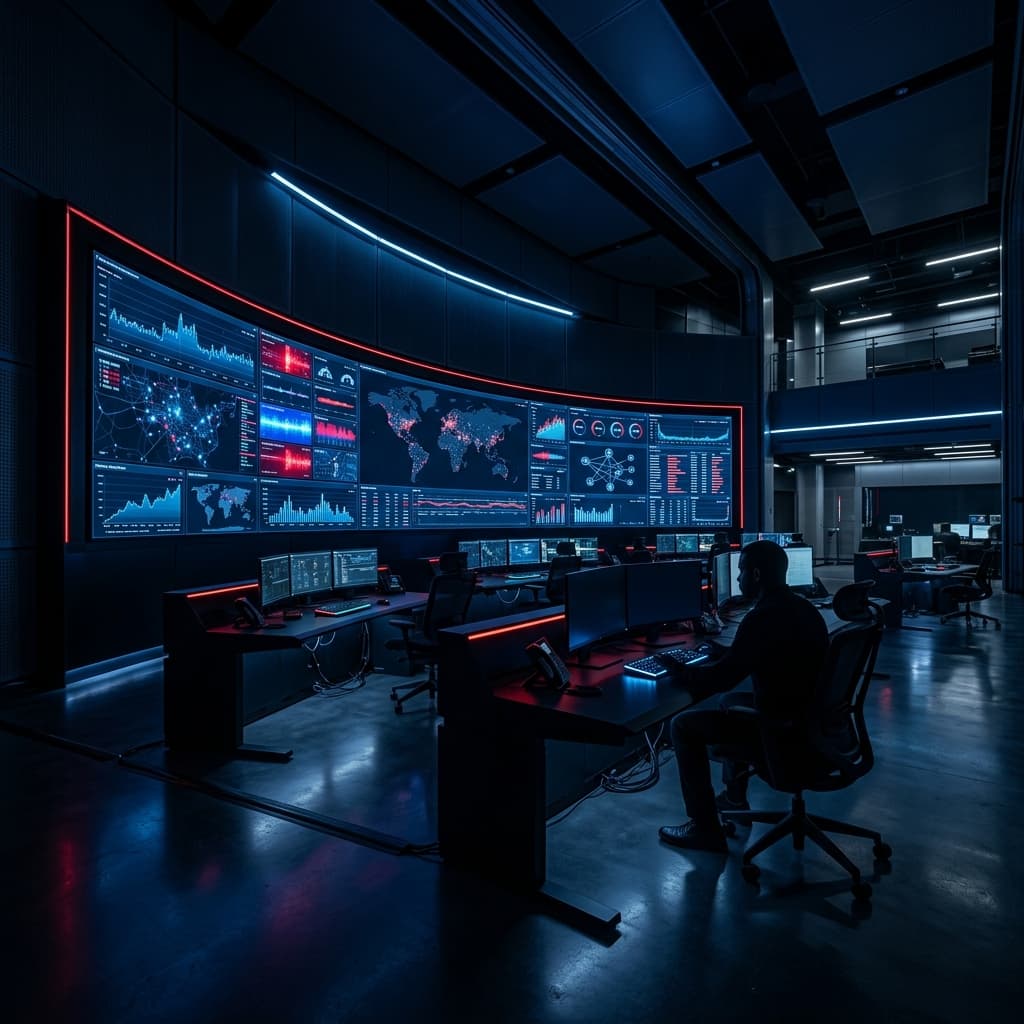 Cybersecurity command center with large curved monitors displaying fraud detection dashboards.