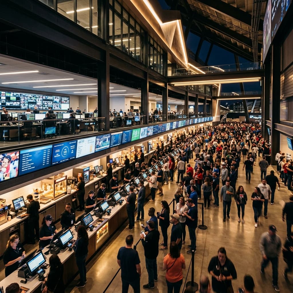 High-volume stadium concession area with multiple POS terminals serving a large crowd under dramatic lighting.