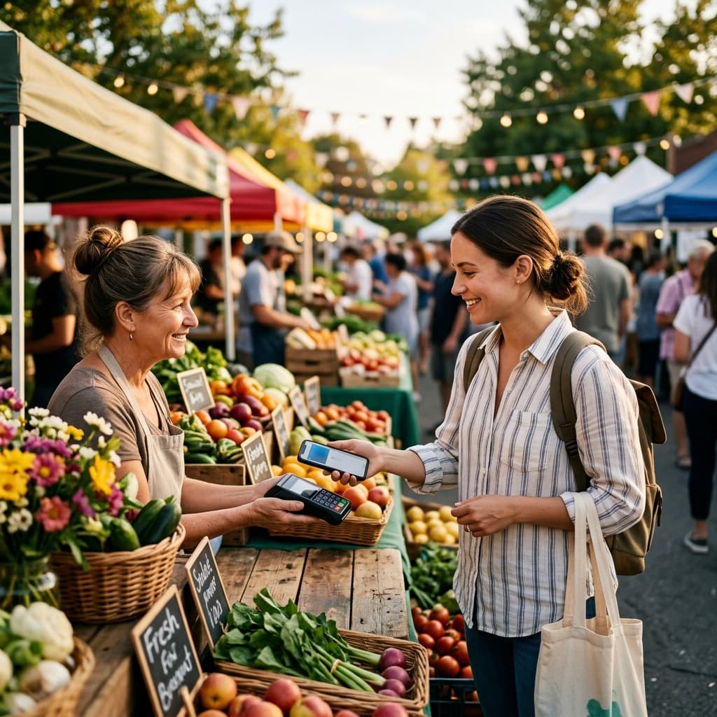 Customer making a contactless mobile payment at an outdoor farmers market during golden hour.