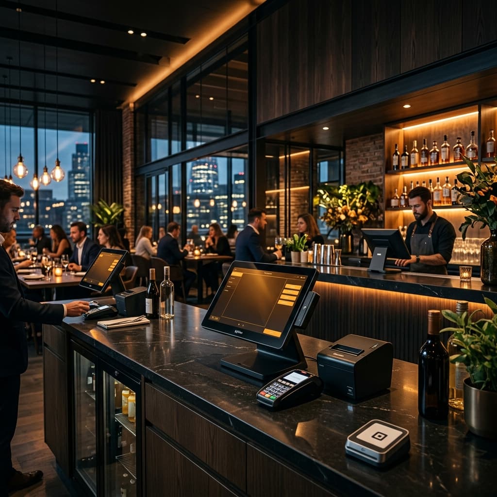 Modern restaurant bar with multiple sleek POS terminals on a polished counter, warm amber lighting, and a city skyline visible through floor-to-ceiling windows.